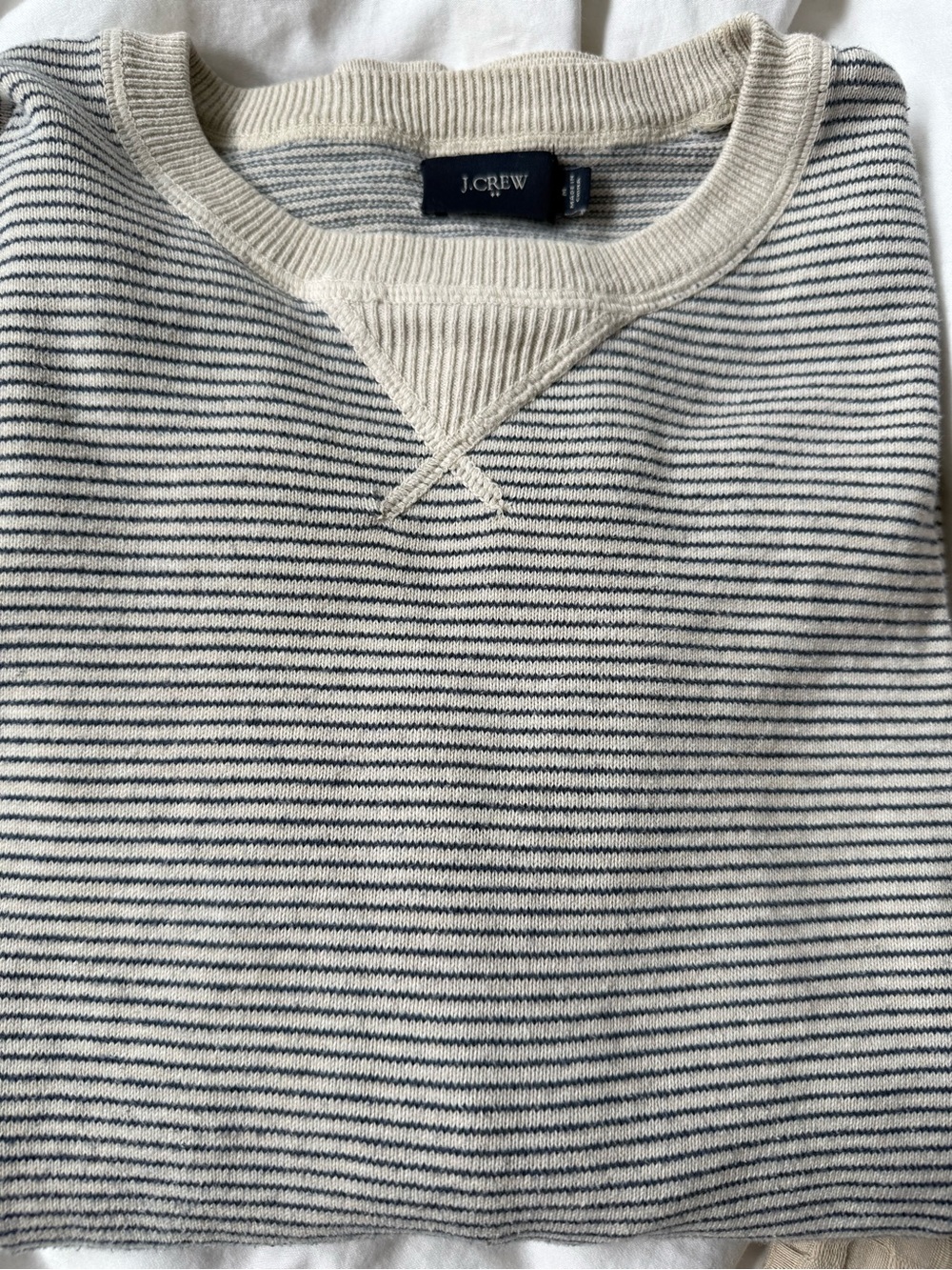 J. Crew Cream and Navy Thin-Stripe Crewneck Sweater